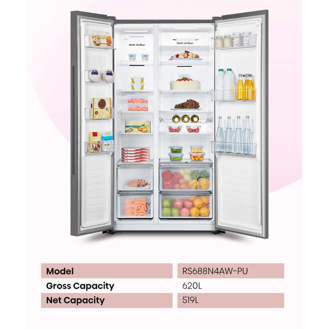 HISENSE 620L Side by Side Inverter Refrigerator RS688N4AW-PU | Deodorizing Filter | Electronic Touch Control | Led Lighting | Refrigerator with 3 Years Warranty