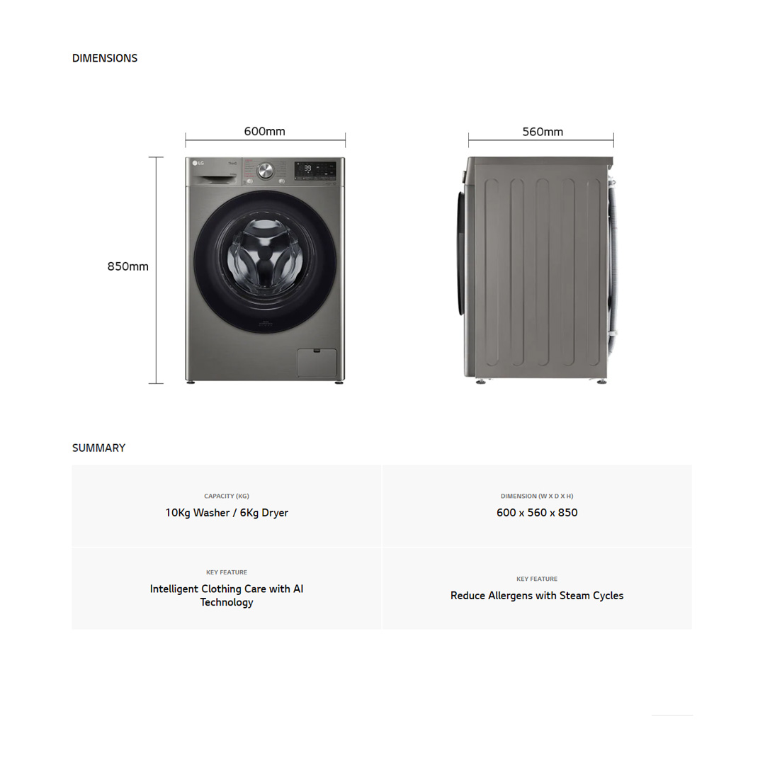 LG 10KG/6KG Front Load Washer Dryer with AI Direct Drive  FV1410H3P | Steam™ | TurboWash™ | 360 Full Stainless Lifter | Washer Dryer with 1 Year Warranty