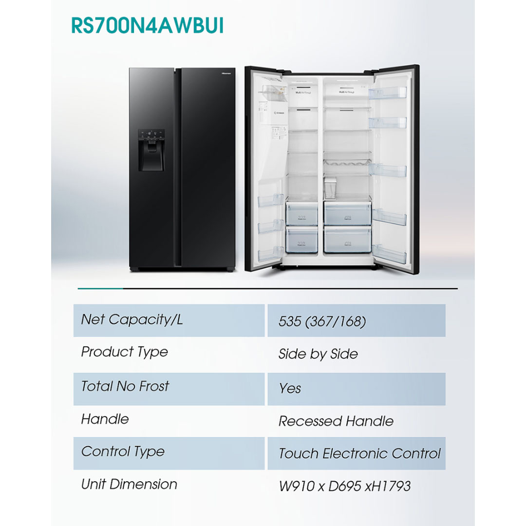 HISENSE 640L Side by Side Inverter Refrigerator  RS700N4AWBUI | Deodorizing Filter | Electronic Touch Control | Led Lighting | Refrigerator with 3 Years Warranty