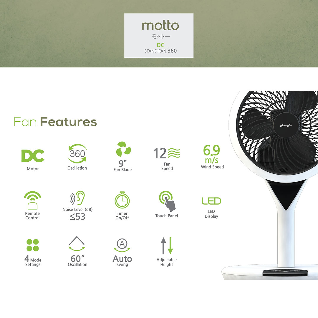 ALPHA 9" Stand Fan MOTTO DC STAND FAN 360 | Auto Swing | LED Display | 12 Fan Speed | 3 Blades | 360 Oscillation | Remote Control | Touch Panel | 4 Mode Settings | Stand Fan with 1 Year Warranty