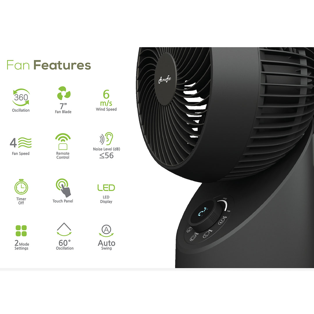 ALPHA 7" Desk Fan  MOTTO DESK FAN 360 G2 | 4 Fan Speed | Remote Control | Timer Off | Touch Panel | LED Display | Auto Swing | 360 Oscillation | Desk Fan with 1 Year Warranty