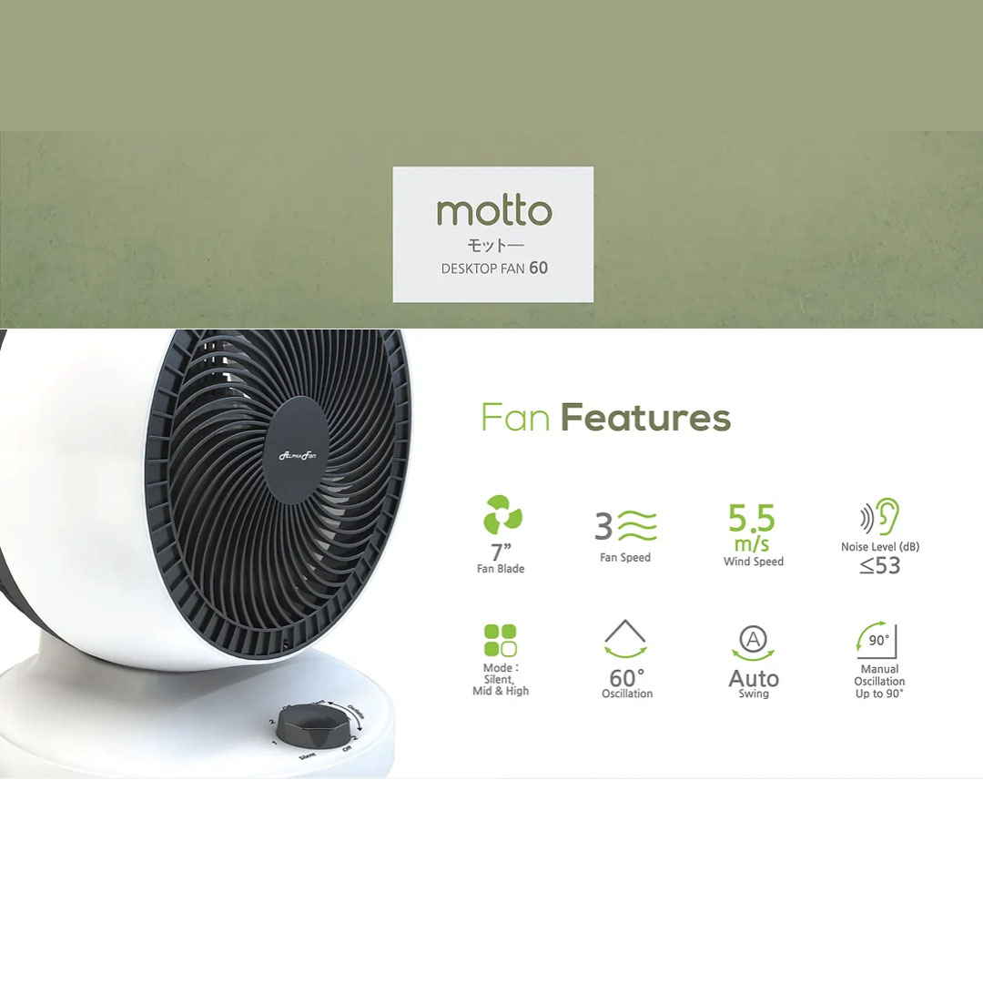ALPHA 7" Desk Fan  MOTTO DESK FAN 60 | Auto Swing | Power : Max 30W | 3 Speed | 3 Blades | 90 Degree Vertical Oscillation | 60 Degree Horizontal Oscillation | Desk Fan with 1 Year Warranty