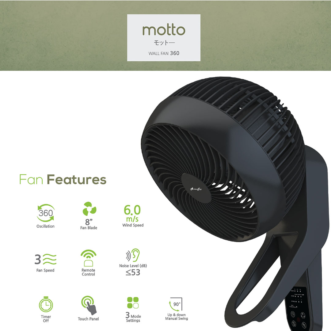 ALPHA 8" Wall Fan MOTTO WALL FAN 360 | Up & Down Manual Swing | 3 Fan Speed | 3 Blades | 360 Oscillation | Remote Comtrol | Touch Panel | 3 Mode Settings | Wall Fan with 1 Year Warranty