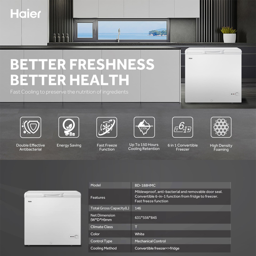 HAIER 142L Chest Freezer BD-188HMC | Double Effective Antibacterial | Fast Freeze Function | Energy Saving | Chest Freezer with 2 Year Warranty