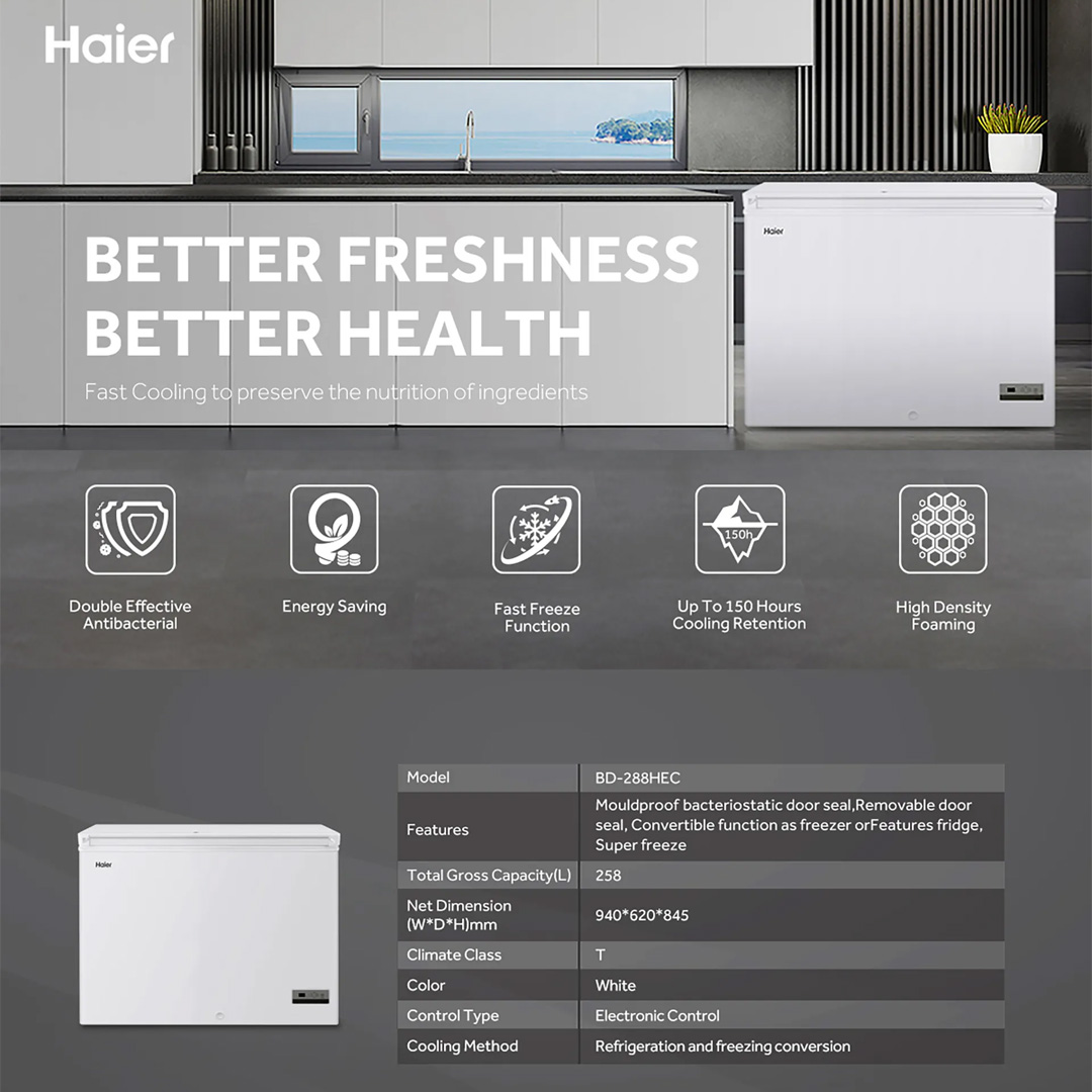 HAIER 251L Chest Freezer BD-288HEC | Fast Freezing | Convertible Cooling | Handle & Lock | Freezer with 2 Year Warranty