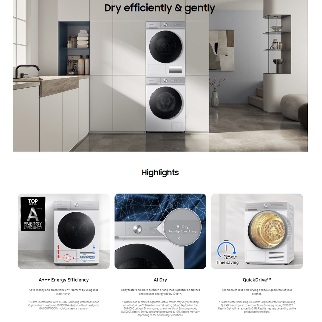 SAMSUNG 9KG Front Load Digital Inverter Heat Pump Dryer with AI Control DV90T8240SX/FQ  | A+++ Efficiency | AI Dry | QuickDrive | Super Speed | Silent Dry | Heat Pump Dryer with 1 Year Warranty