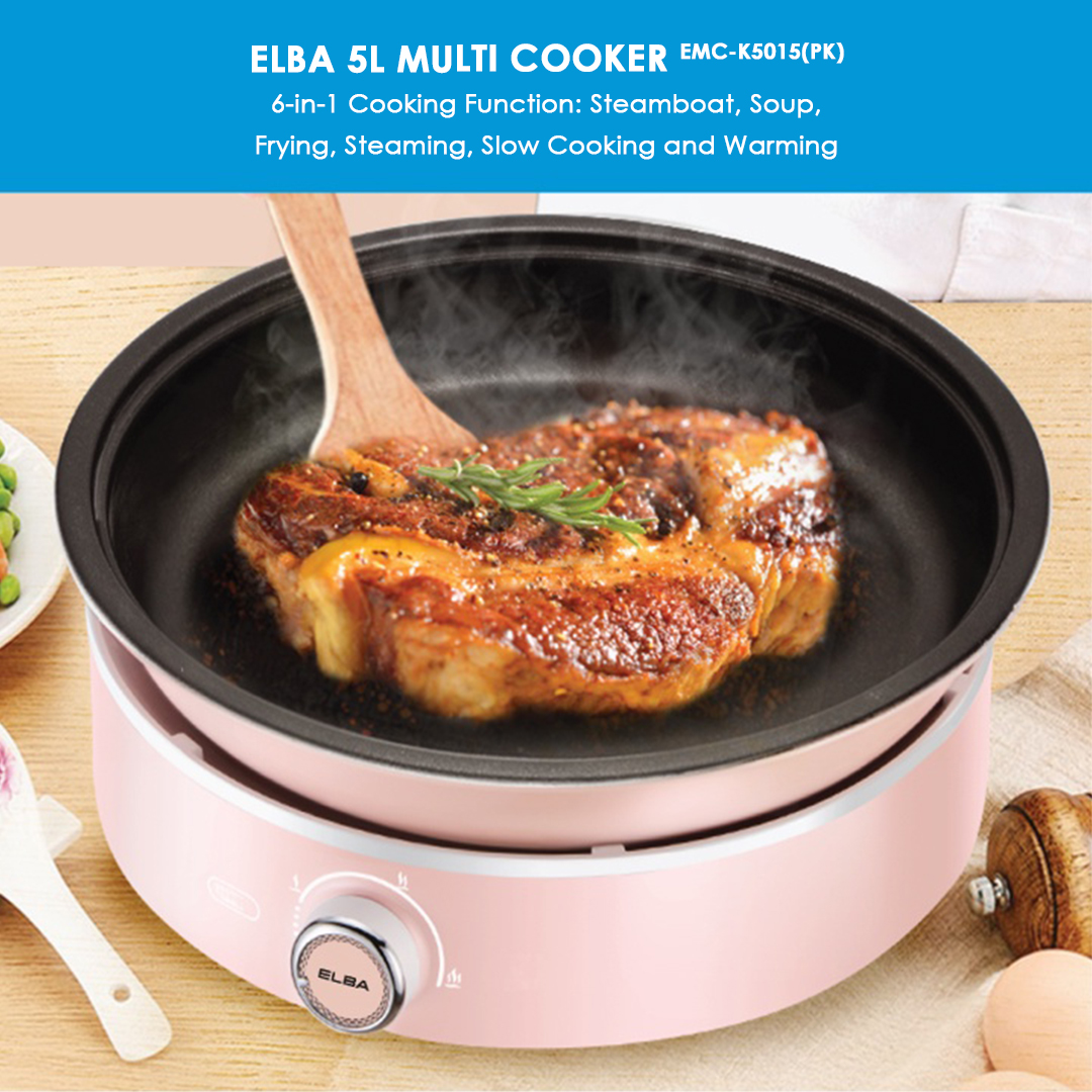 ELBA 5L Multi Cooker EMC-K5015(PK) | 6-in-1 Cooking Function | Removable Non-Stick Pot | Transparent Glass Cover | Comes with Grill Pan | Multi Cooker with 1 Year Warranty