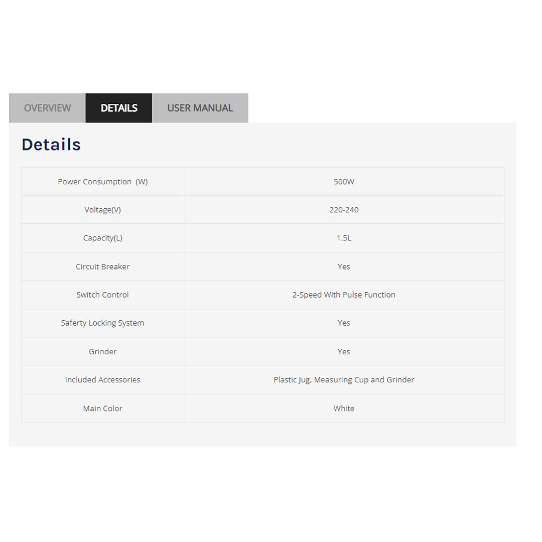 ELBA 1.5L Blender EBG-M1550(WH) | Power: 500W | 2-Speed With Pulse Function | Saferty Locking System | With Grinder | Blender with 1 Year Warranty