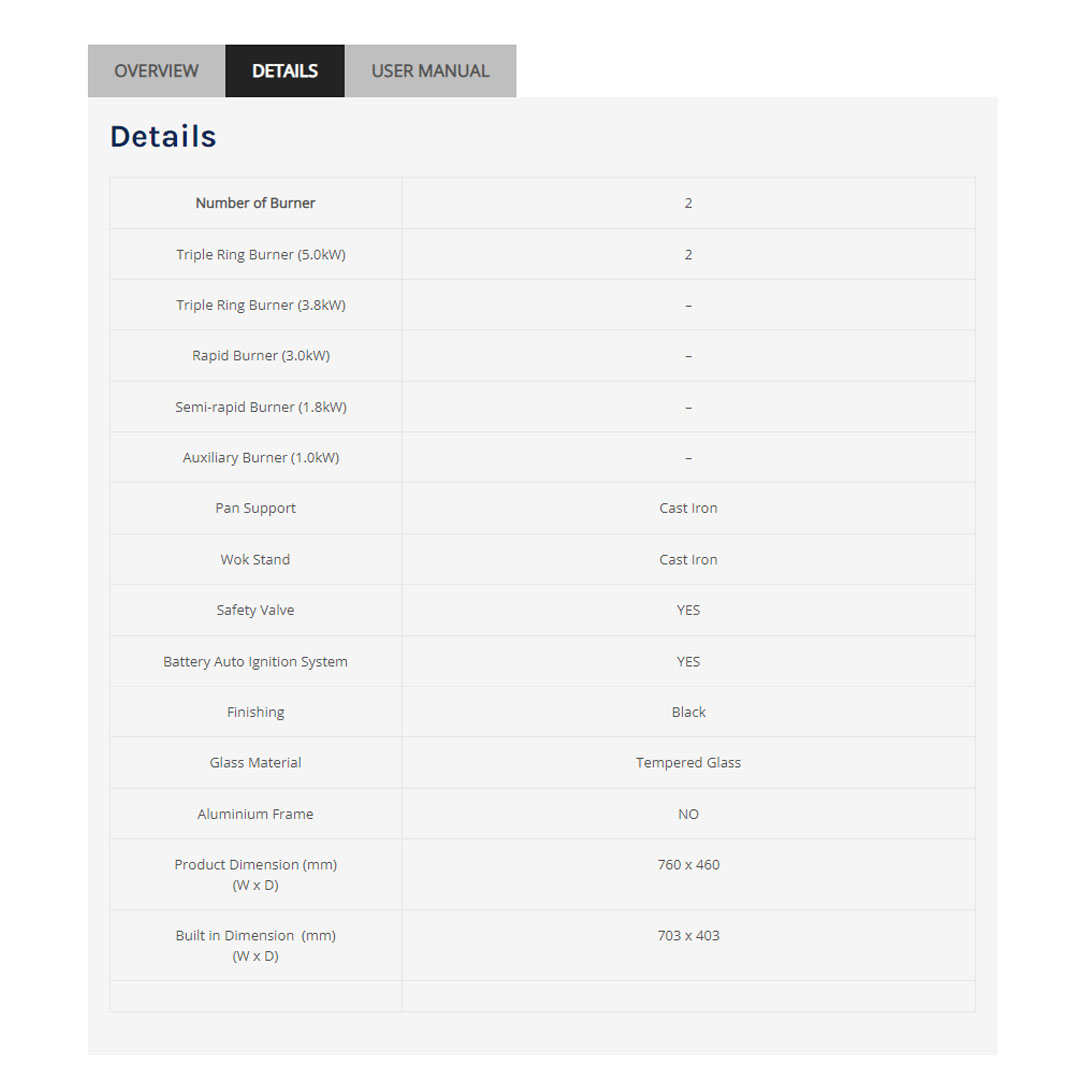 ELBA 2 Burners Built-In Glass Hob EGH-K8942G(BK) | Safety Valve | High Quality Tempered Glass | Cast Iron Pan Support | Bevelled Edges Design | Hob with 1 Year Warranty