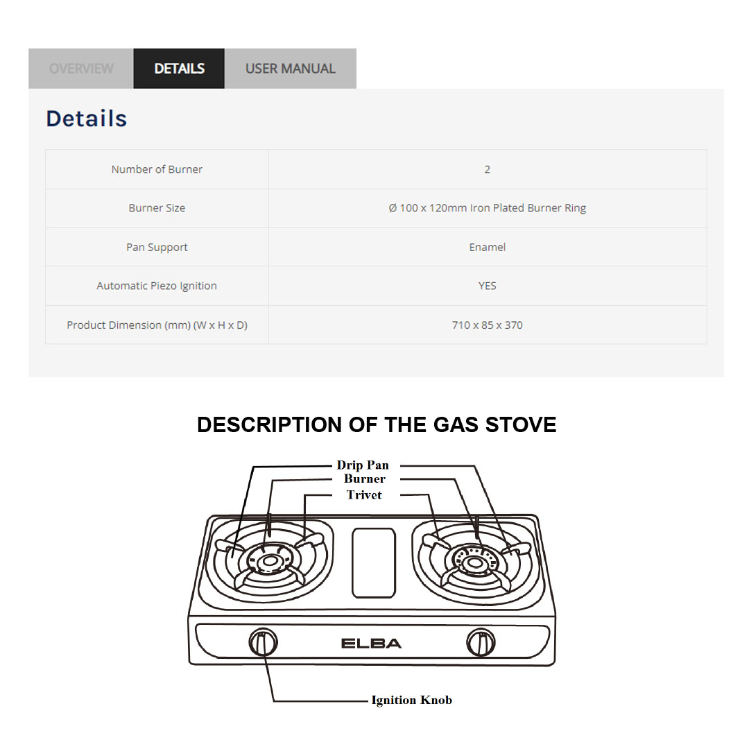 ELBA 2 burners Gas Stove EGS-F7112(SS) | Iron Plated Burner Ring | Enamel Pan Support | Gas Stove with 1 Year Warranty