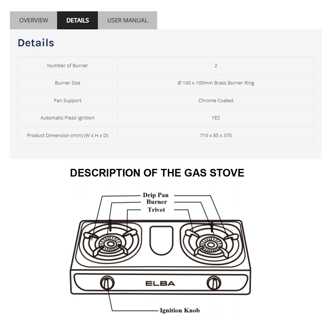 ELBA 2 Burners Gas Stove EGS-F7192(SS) | Turbo Jet Burner | Brass Burner Ring | Chrome Coated Pan Support | Gas Stove with 1 Year Warranty
