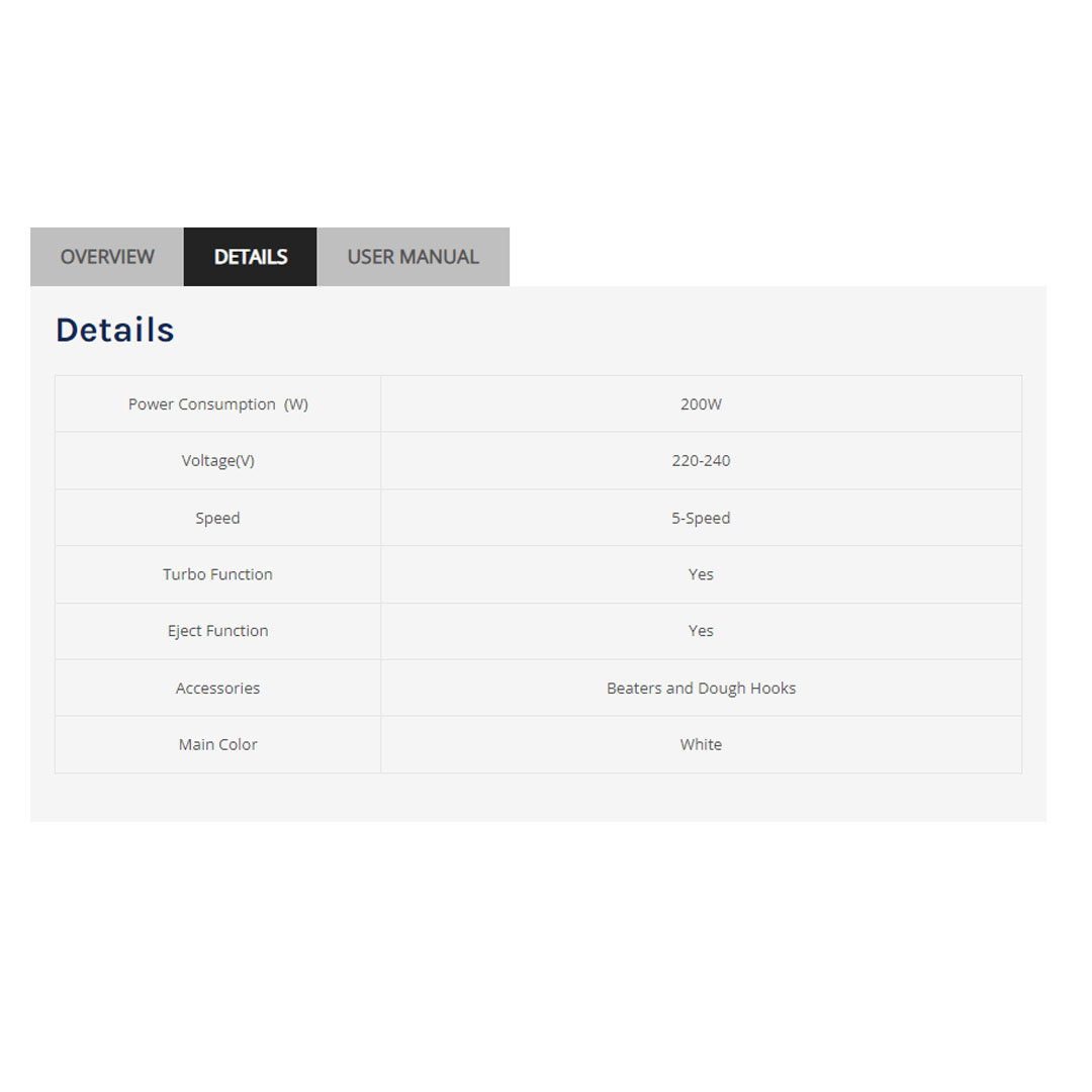 ELBA 200W Hand Mixer EHM-D2520(WH) | Included Beaters and Dough Hooks | Turbo Function | 5 Speeds | Eject Function | Hand Mixer with 1 Year Warranty