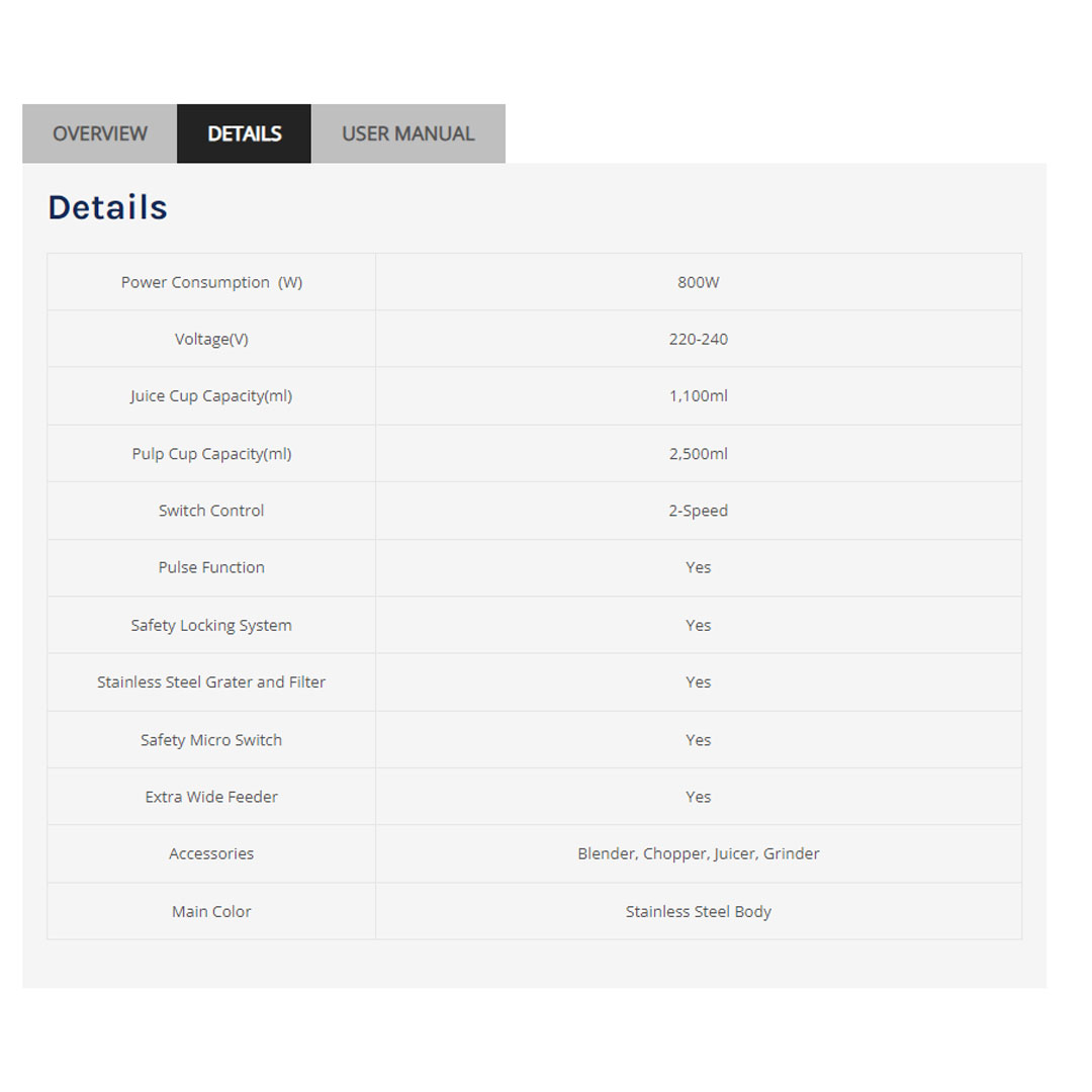 ELBA 1.1 Juice Extractor Stainless Steel EJE-K1188A(SS) | 4-in-1 Blender, Chopper, Juicer, Grinder | 2-Speed Switch Control | Safety Locking System | Juice Extractor with 1 Year Warranty