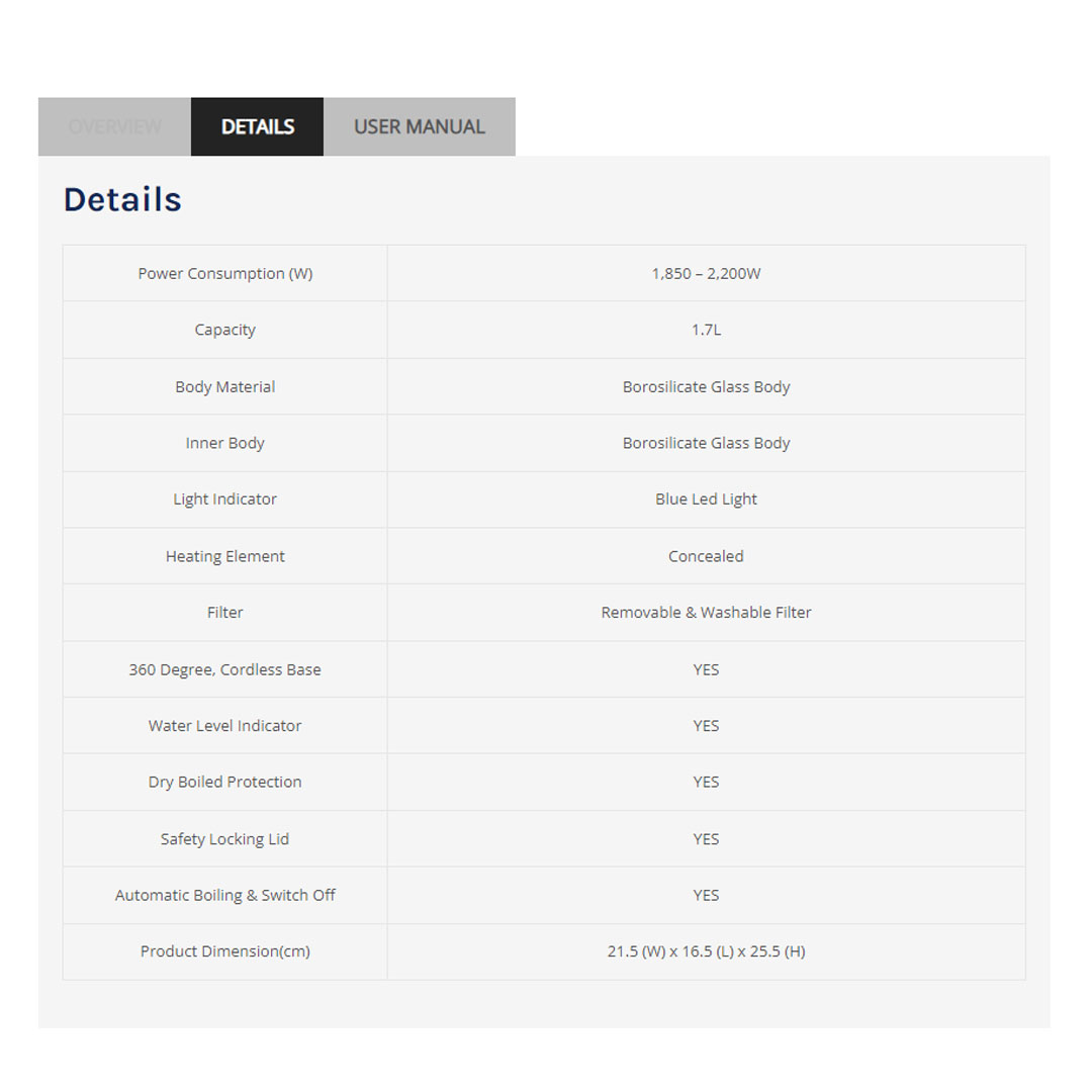 ELBA 1.7L Kettle EJK-F1723G(BK) | Borosilicate Glass Body | Removable & Washable Filter | Dry Boiled Protection | Automatic Boiling & Switch Off | Kettle with 1 Year Warranty