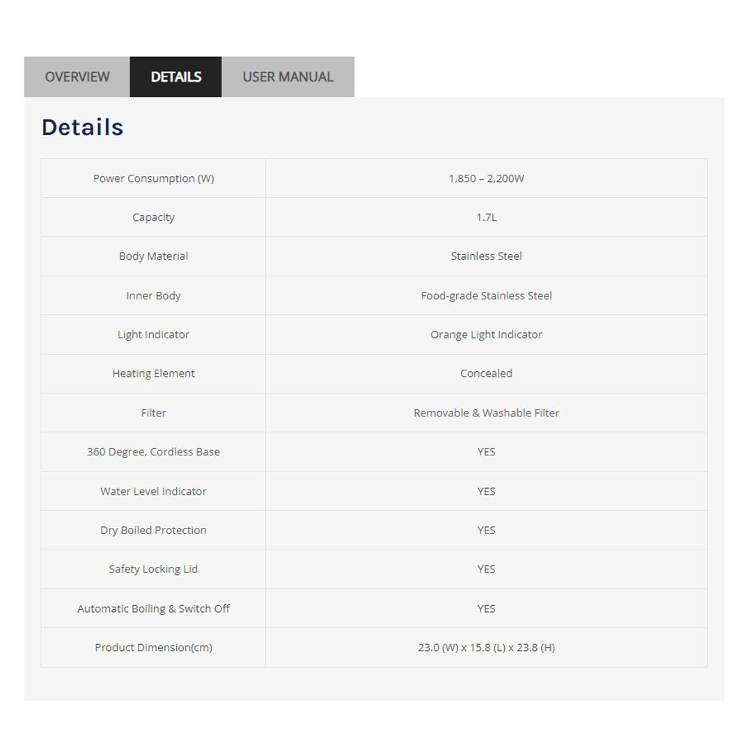 ELBA 1.7L Kettle Stainless Steel EJK-J1762(SS) | Dry Boiled Protection | Automatic Boiling & Switch Off | Removable & Washable Filter | Kettle with 1 Year Warranty