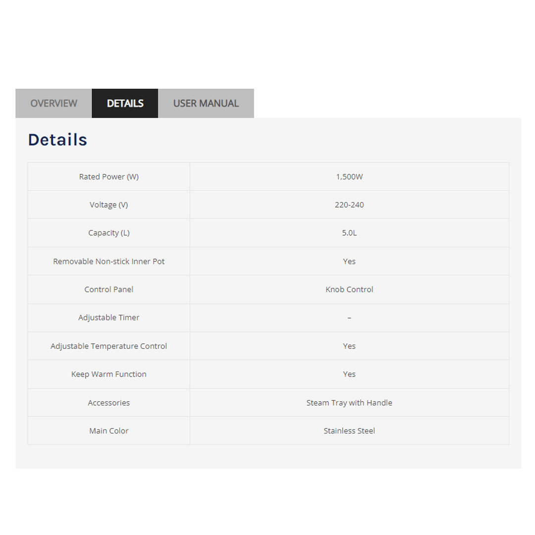 ELBA 5L Multi Cooker EMC-K5010(SS) | 6-in-1 Cooking Function | Power : 1,500W | Comes with Steam Tray | Removable Non-stick Inner Pot | Multi Cooker with 1 Year Warranty