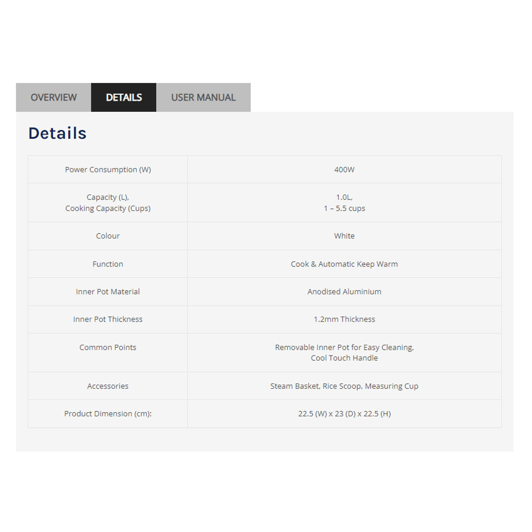 ELBA 1.0L / 1.8L / 2.8L Rice Cooker ERC-E1031(WH) / ERC-E1831(WH) / ERC-E2851(WH) | Non-stick Teflon Coated Inner Pot | Cool Touch Handle | Cook & Automatic Keep Warm | Rice Cooker with 1 Year Warranty