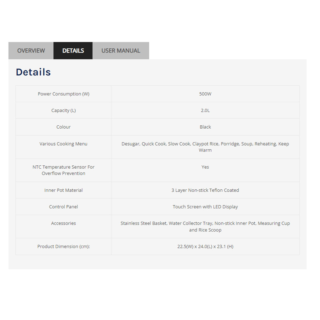 ELBA 2L Microcomputer Rice Cooker ERC-K2050D(BK) | With Low Sugar Rice Cooking Function | Smart Touch Control Panel | 24 Hours Preset Timer | Multi-functional Intelligent Menu | Rice Cooker with 1 Year Warranty