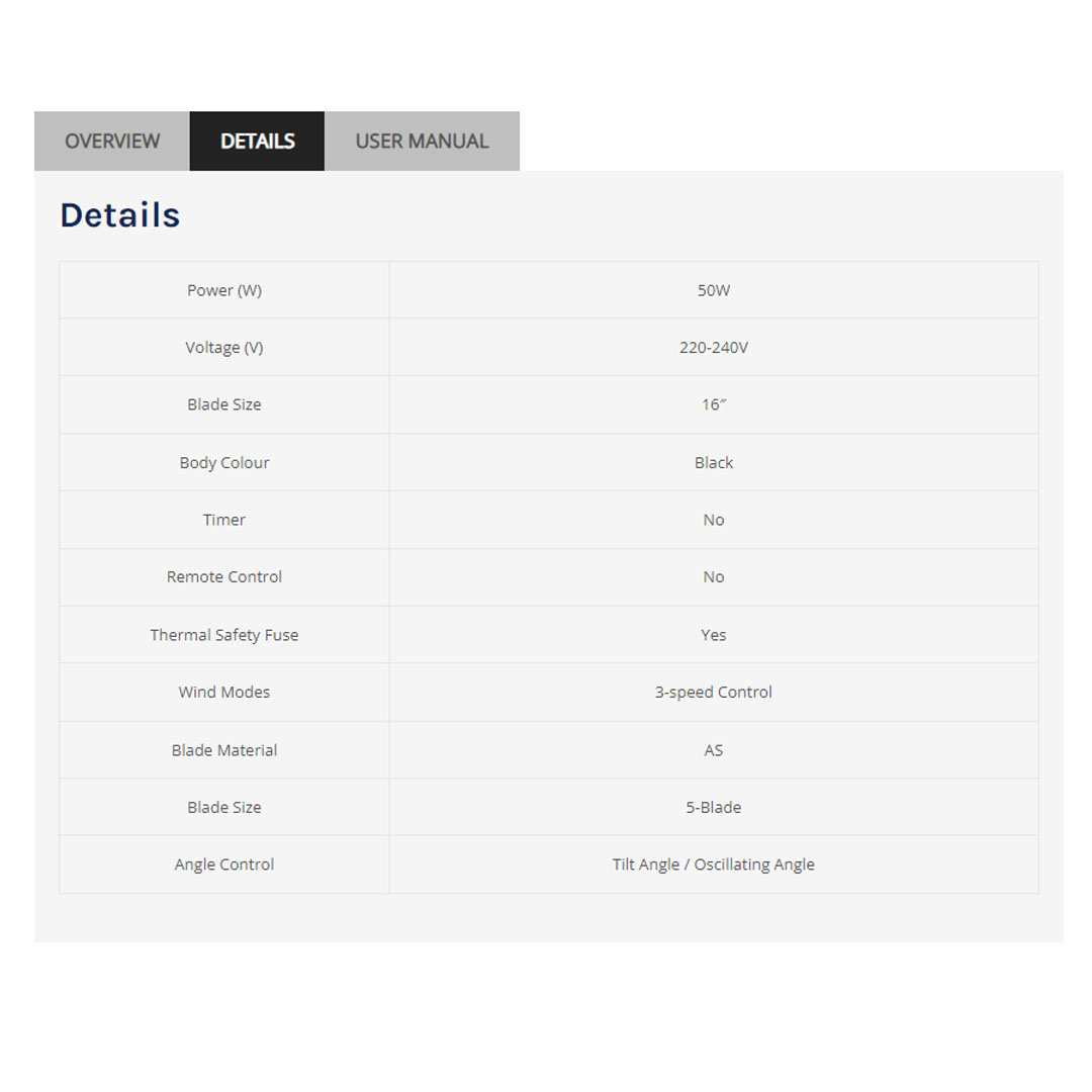 ELBA 16" Stand Fan ESF-J1656(BK) | 5 Transparent AS Blades | Whisper Quiet Self Lubricating Motor | 3-speed Control | Thermal Safety Fuse | Stand Fan with 1 Year Warranty