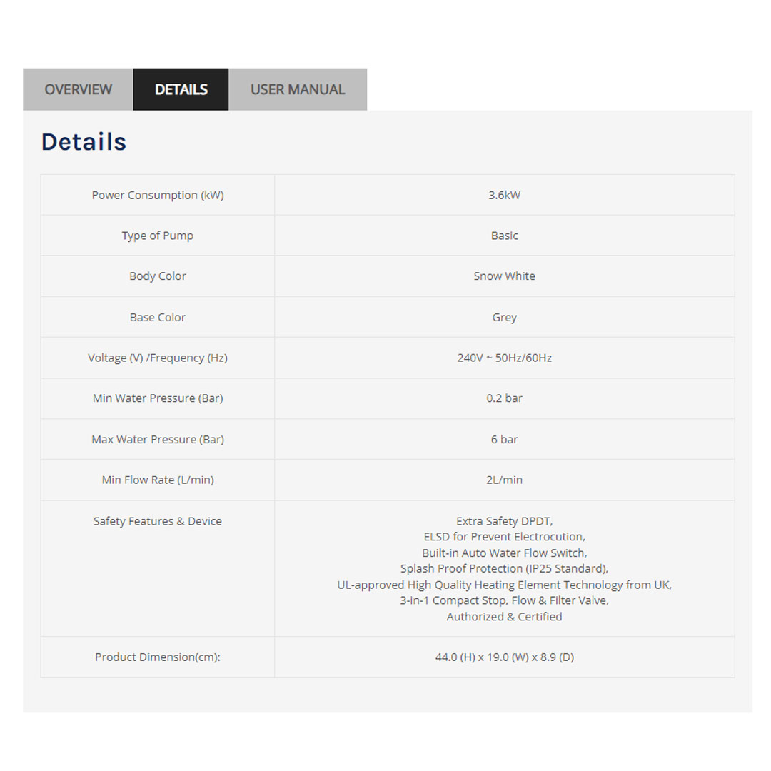 ELBA 3600W Water Heater Snow EWH-G3660(SW) | Safety Features & Safety Device | Extra Safety DPDT | ELSD for Prevent Electrocution | Splash Proof Protection (IP25 Standard) | Water Heater with 1 Year Warranty