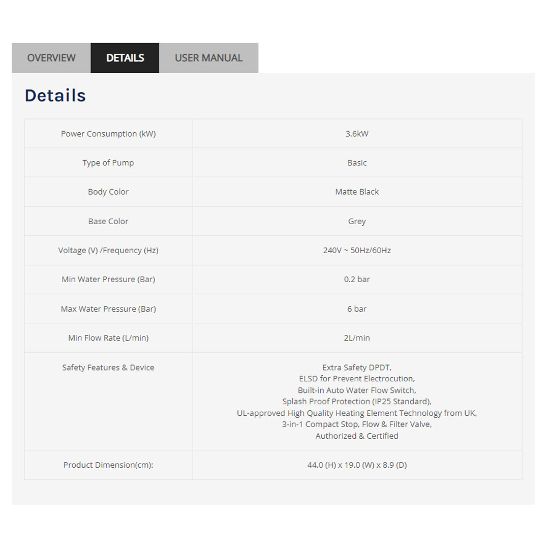 ELBA 3600W Water Heater EWH-G3661(MB) | Safety Features & Safety Device | Extra Safety DPDT | Built-in Auto Water Flow Switch | Splash Proof Protection | Water Heater with 1 Year General & 7 Year Heating Element & 10 Year Anti-Tank Leakage Warranty