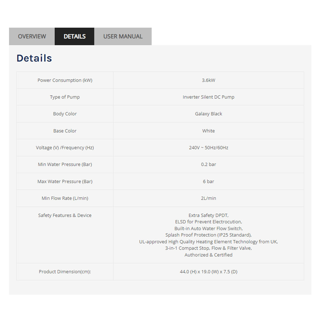 ELBA 3600W DC Pump Water Heater EWHR-E3885DC(GB) | With Rain Shower Accessories | 3-spray Pattern Hand Shower | Energy Saving Up To 60% | Water Heater with 1 Year Warranty