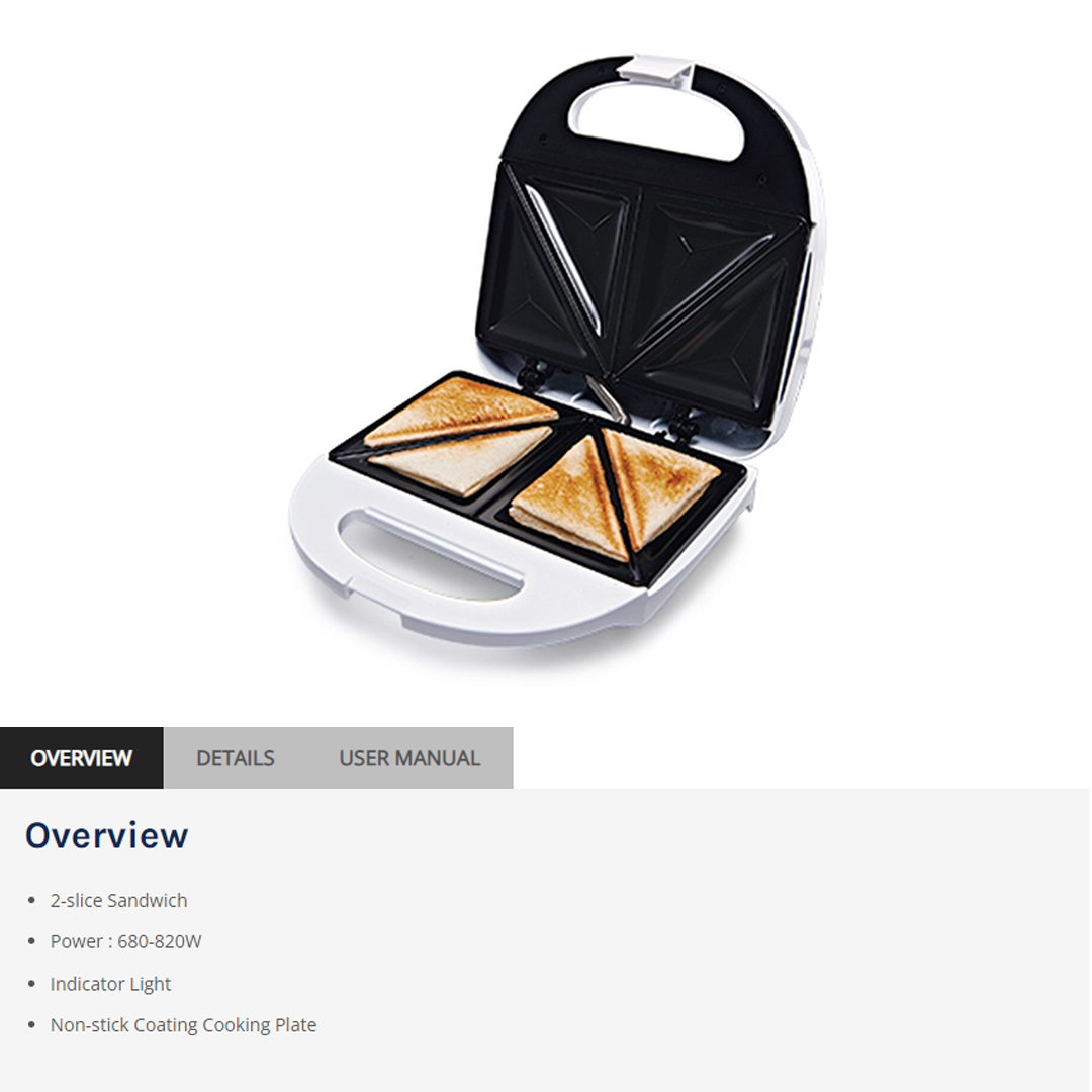 ELBA Sandwich Maker ESM-G7021(WH) | Non-stick Coating Cooking Plate | Overheat Safety Protection | Indicator Light | 2-slice Sandwich | Sandwich Maker with 1 Year Warranty