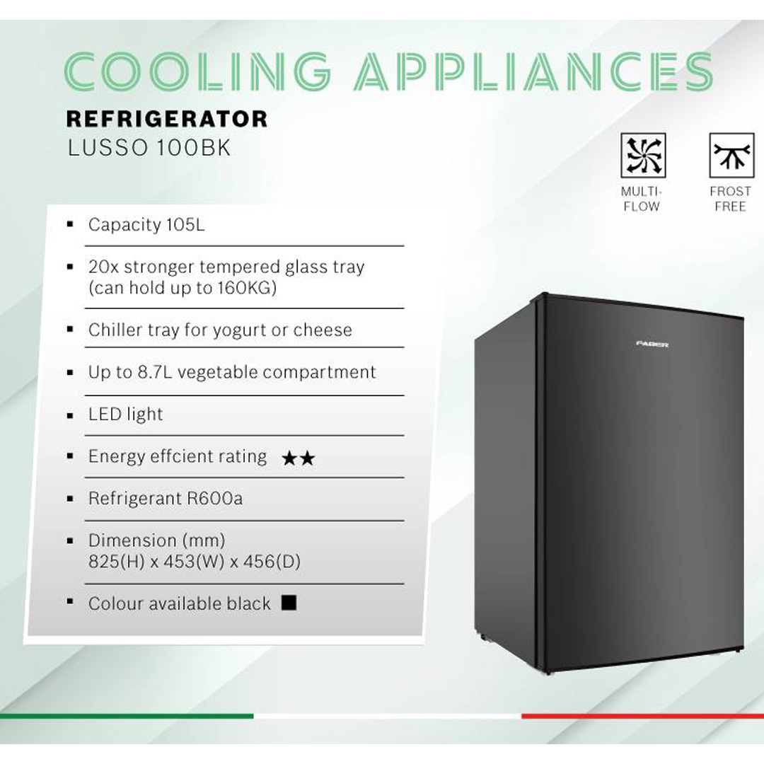 FABER 105L Minibar LUSSO 100BK | 20x Stronger Tempered Glass Tray | Refrigerant R600a | Fridge with 1 Year Warranty & Compressor with 10 Years Warranty