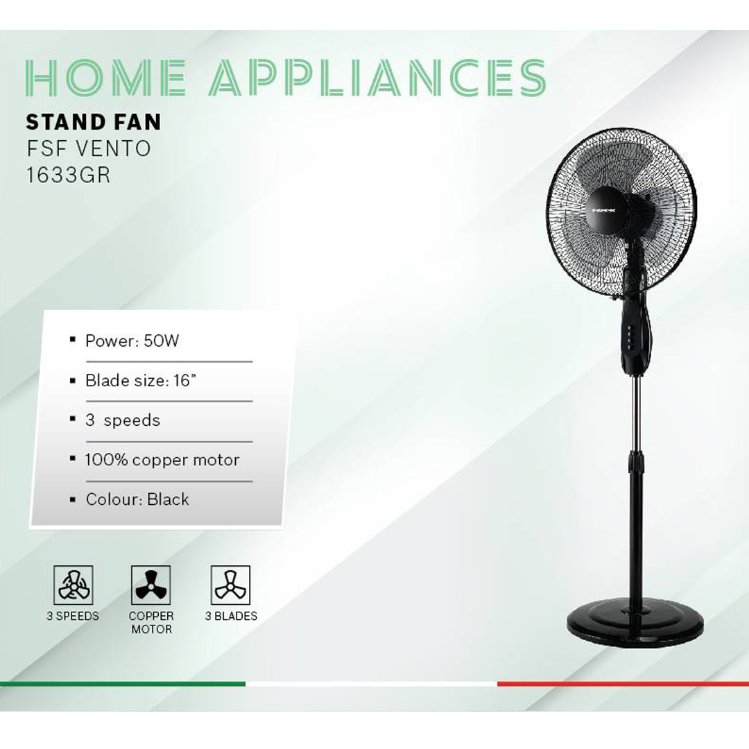 FABER 16" Stand Fan FSF VIENTO 1633GR | 3 Blades & 3 Speeds | 120pcs Radial Wire | 1250rpm Fan Speed | 47.89m3/min Air Delivery | 55.8dB Noise Level | Stand Fan with 1 Year General Warranty & 2 Years Motor Warranty