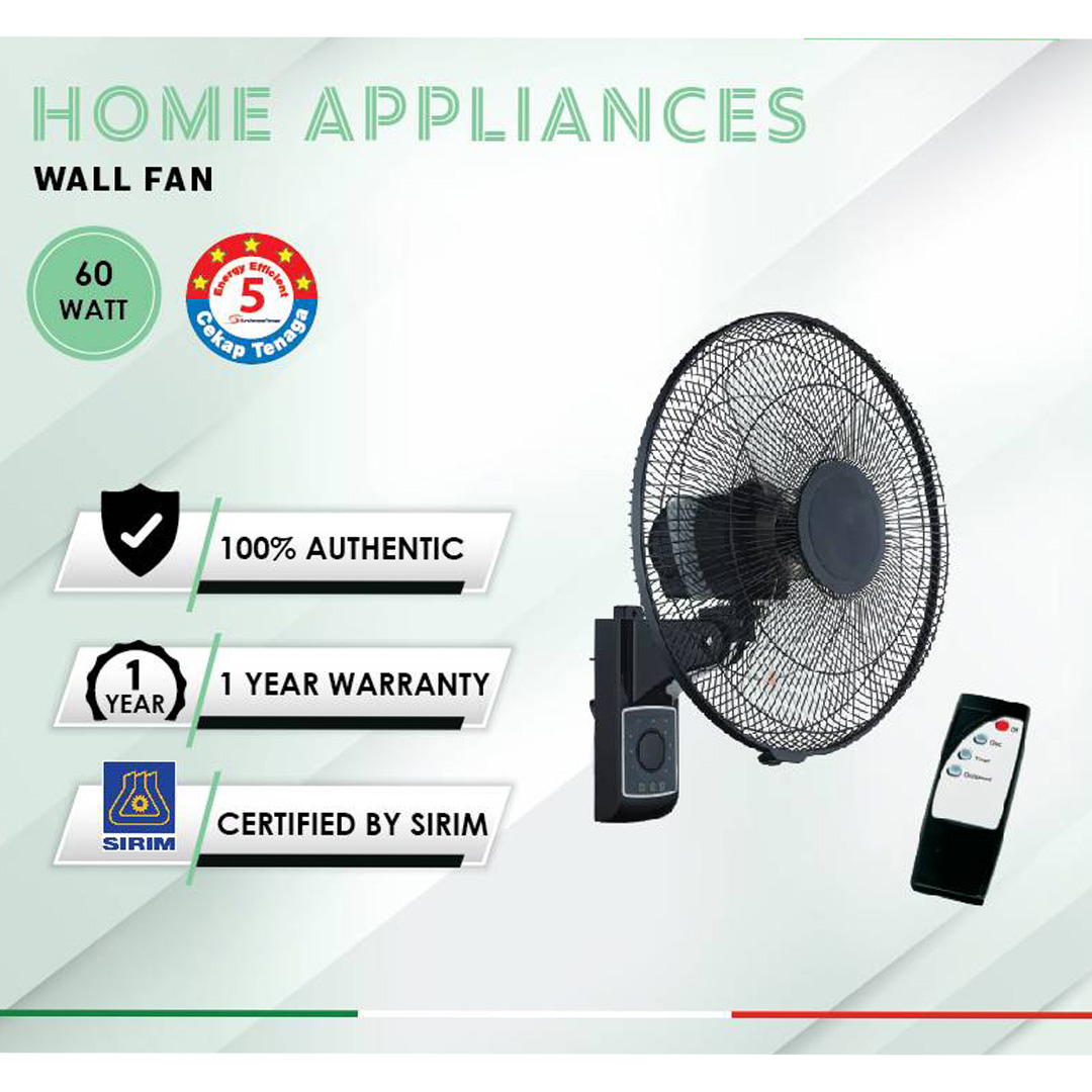 FABER 16" Wall Fan FWF VIENTO 1637R | 5 Blades | 3 Speeds | With Remote Control | 100% Copper Motor | Wall Fan with 1 Year General Warranty & 2 Years Motor Warranty