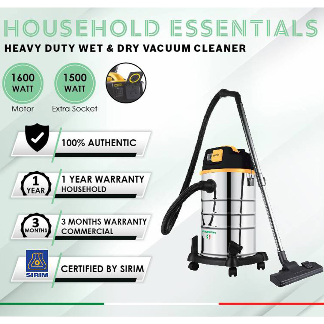 FABER 1600W Wet & Dry Vacuum FVC WD POWERVAC 830 | Stainless Steel Tank | Extra Socket on Easy Power Extension | With Air-Blowing Function | Vacuum with 1 Year Warranty