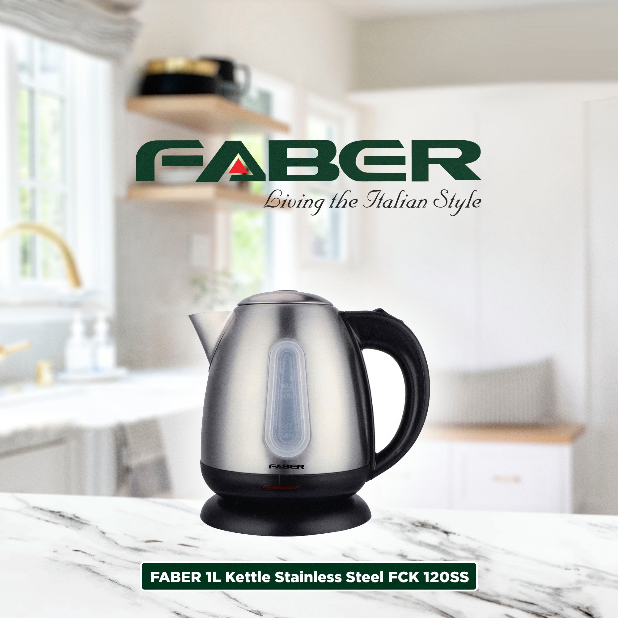 FABER 1L Kettle Stainless Steel FCK 120SS | Power 1200W | Concealed Heating Element | Transparent Water Window | On/Off Switch With Light Indicator | Boil Dry Protection | Without Steam Tube Inside | Anti-Slip Feet Design | Kettle with 1 Year Warranty