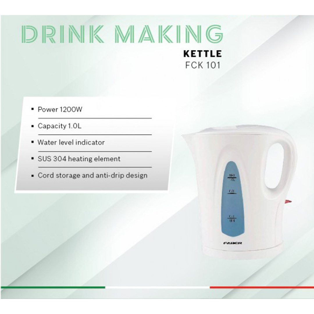 FABER 1L Kettle FCK 101 | Water Level Indicator | SUS 304 Heating Element | Cord Storage & Anti Drip Design | Kettle with 1 Year Warranty
