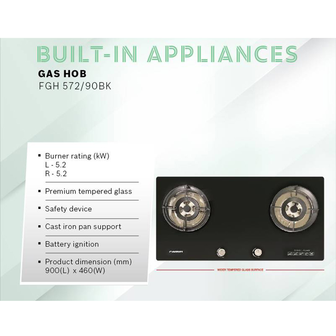 FABER 2 Burners Built-In Glass Hob FGH 572/90BK  | Premium Tempered Glass | Battery Operated Ignition | Easy Cleaning Design | Safety Device | 2 Burners with 1 Year Warranty