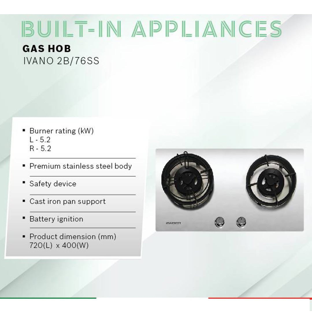 FABER 2 Burners Built-In Stainless Steel Hob IVANO 76 SS | Safety Device |  Easy Cleaning Design |  Cast Iron Pan Support | Hob with 1 Year Warranty