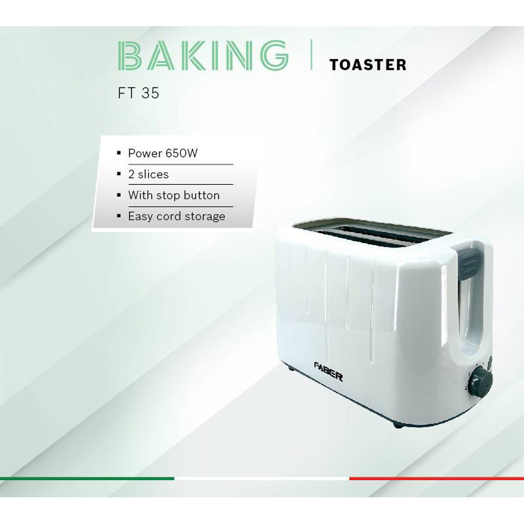 FABER 2 Slice Bread Toaster FT 35 | Adjustable Browning Control with 6 Setting | Removable Crumb Tray for Easy Cleaning | With Cancel Function | Cool Touch Body | Bread Toaster with 1 Year Warranty