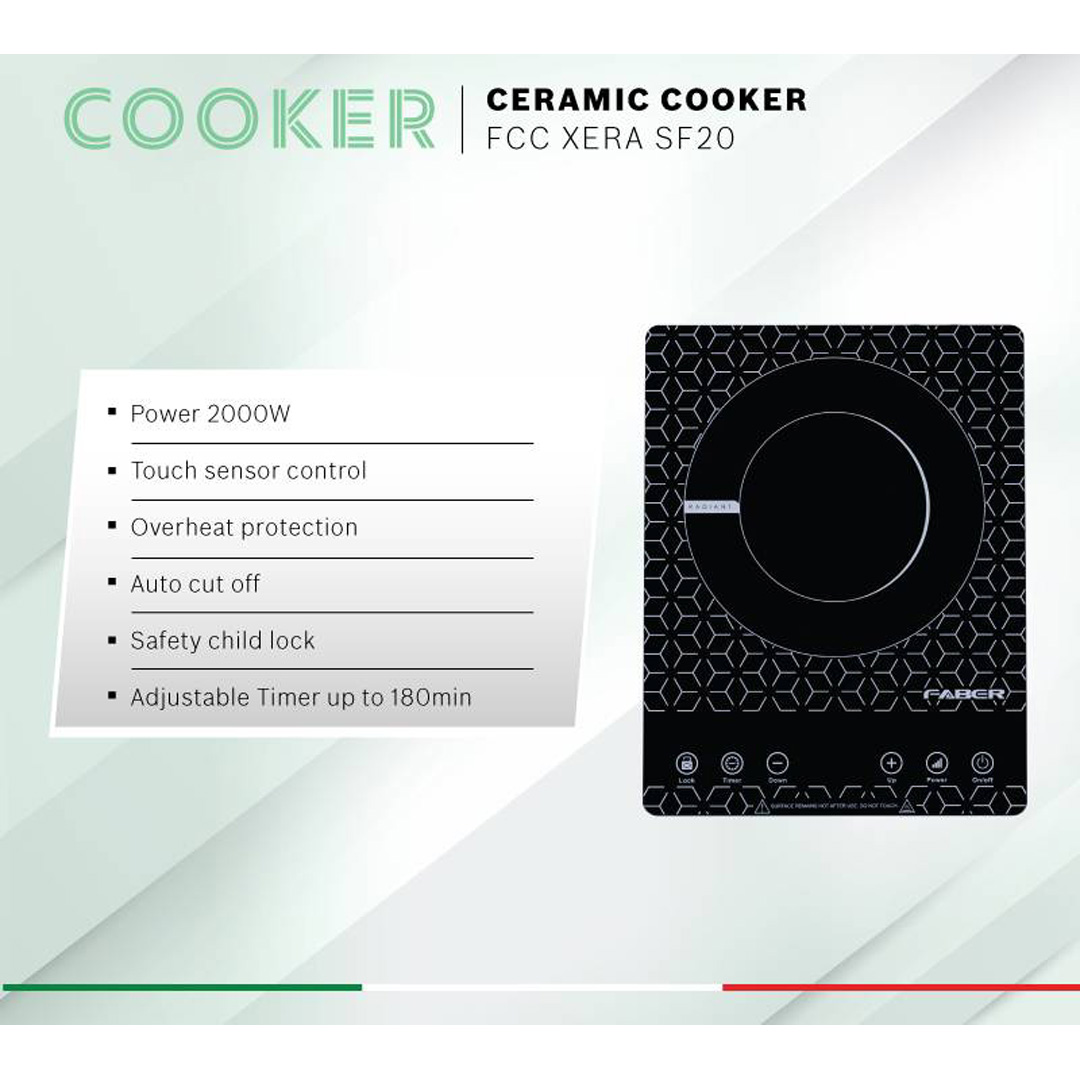 FABER 2000W Ceramic Cooker FCC XERA SF20 | 13amp Power Plug | One Ceramic Plate | Auto Cut-off | Safety Lock | Touch Sensor Control Panel | Ceramic Cooker with 1 Year Warranty