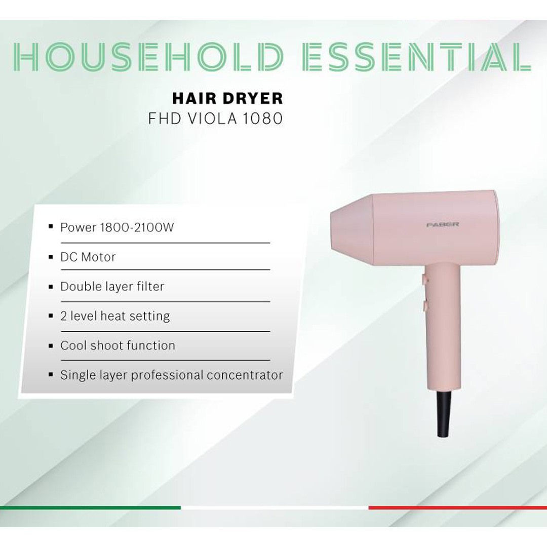 FABER 2100W Hair Dryer FHD VIOLA 1080 | Double Layer Filter | 2 Level Heat Setting | Cool Shoot Function | Single Layer Professional Concentrator | DC Motor | Hair Dryer with 1 Year Warranty