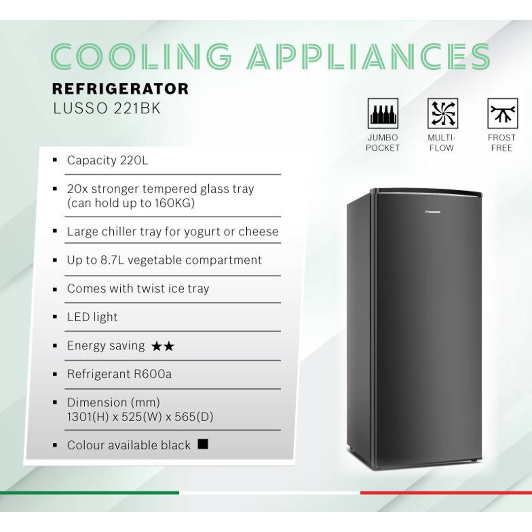 FABER 220L 1 Door Refrigerator LUSSO 221BK | 20x Stronger Tempered Glass Tray | Refrigerant R600a | Fridge with 1 Year Warranty & Compressor with 10 Years Warranty