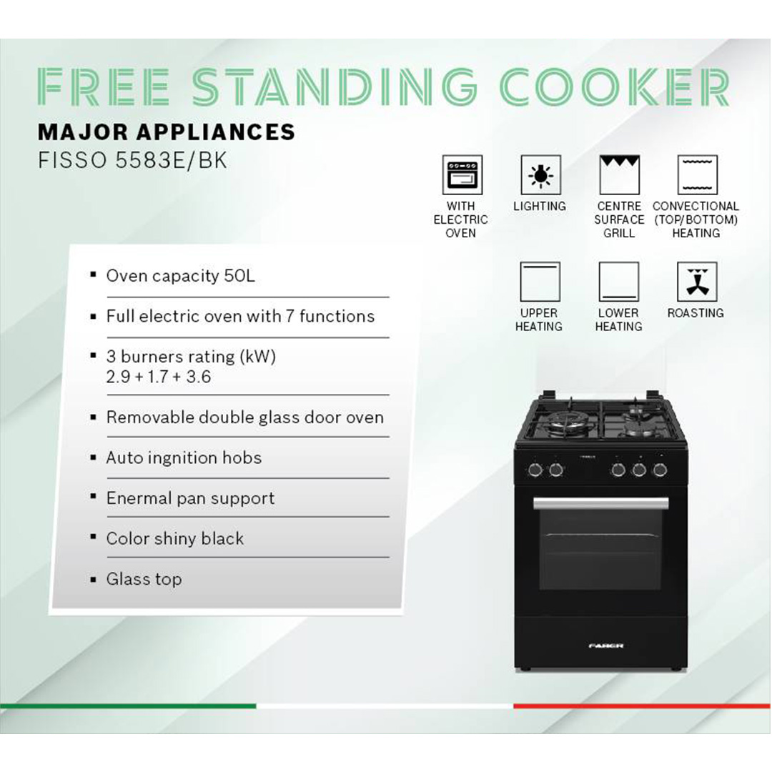 FABER 3 Burner Free Standing Cooker FISSO 5583E/BK | Full Electric Oven with 5 Functions | Auto ignition Hobs | Enamel Pan Support | Cooker Hob with 1 Year Warranty