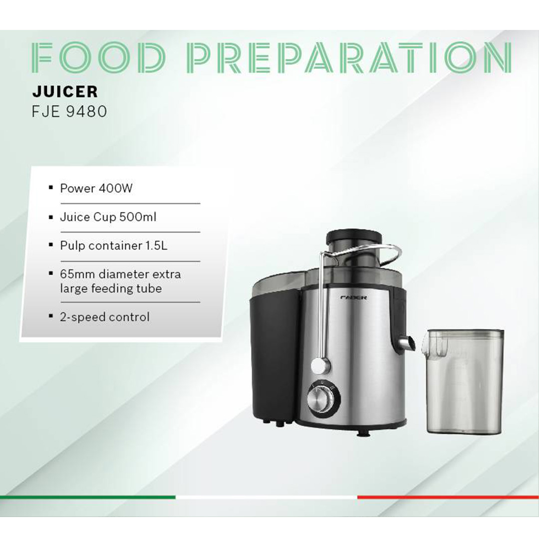 FABER 1.5L Juice Extractors FJE 9480 | 2-Speed Control | 65mm Diameter Extra Large Feeding Tube | 1.5L Pulp Container | Juice Extractors with 1 Year Warranty
