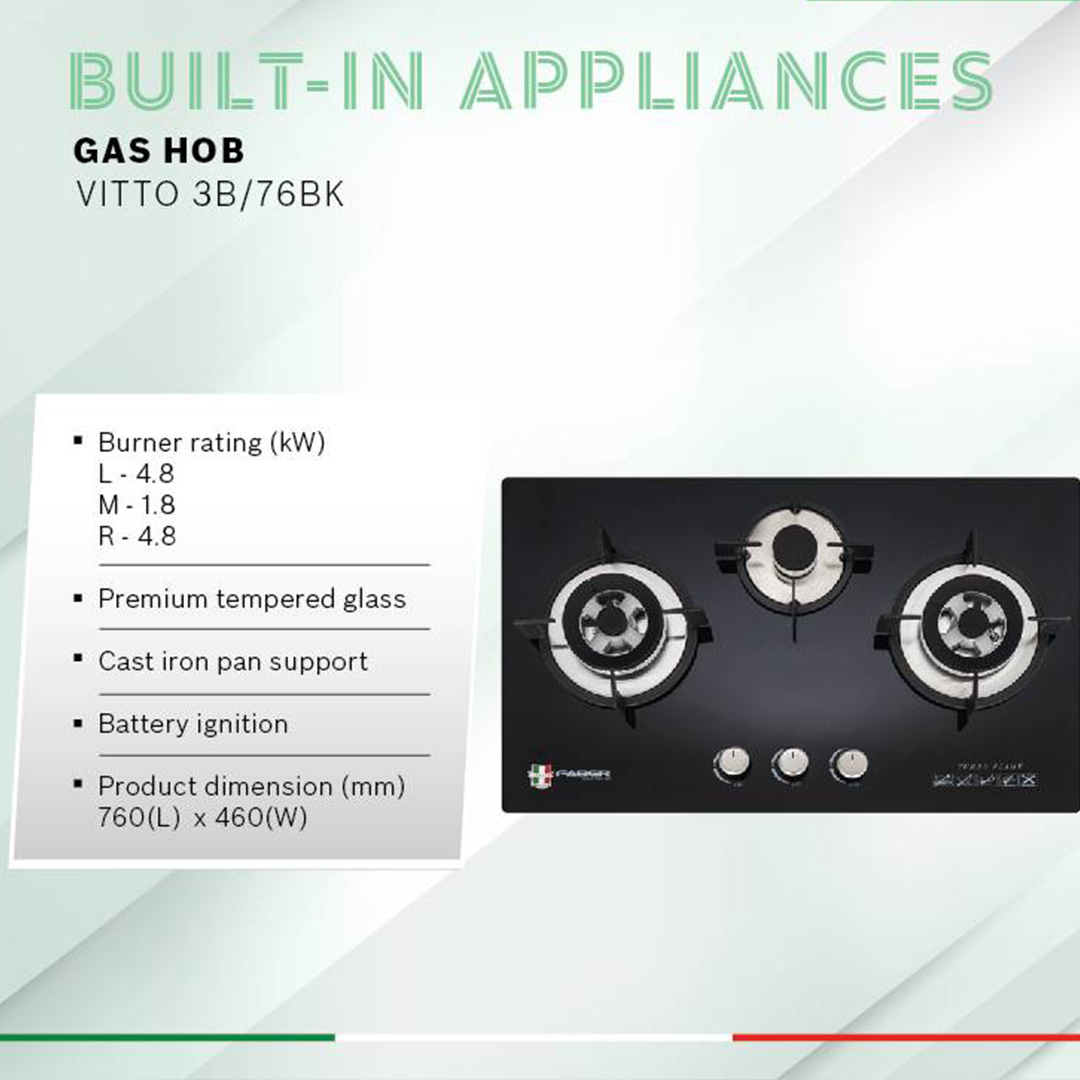 FABER 3 Burners Built-In Glass Hob FGH VITTO 3B/76BK  | Battery Operated Ignition | Easy Cleaning Design | Safety Device | High Quality Tempered Glass | 3 Burners with 1 Year Warranty
