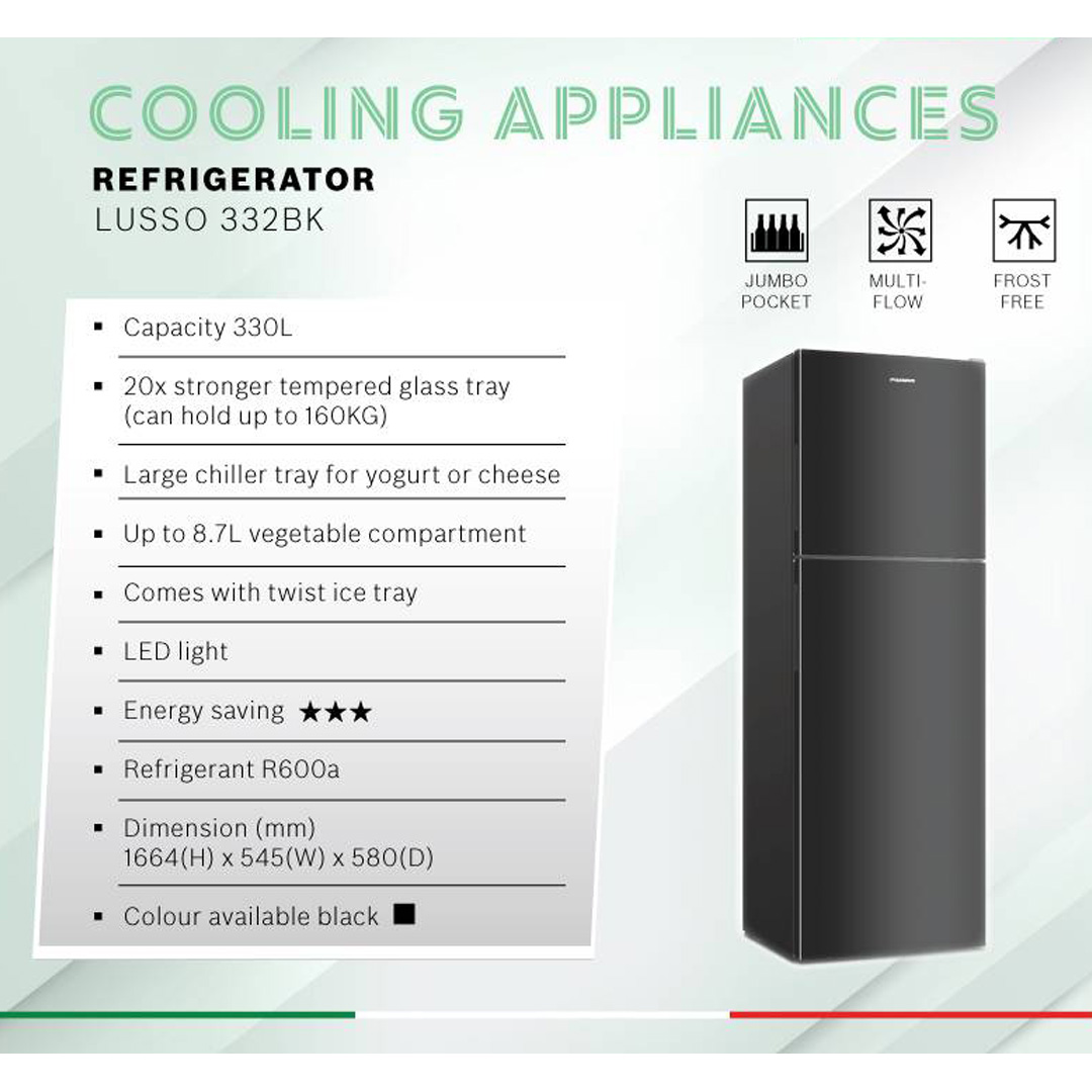 FABER 330L 2 Doors Refrigerator LUSSO 332BK | 20x Stronger Tempered Glass Tray | Refrigerant R600a | Fridge with 1 Year Warranty & Compressor with 10 Years Warranty