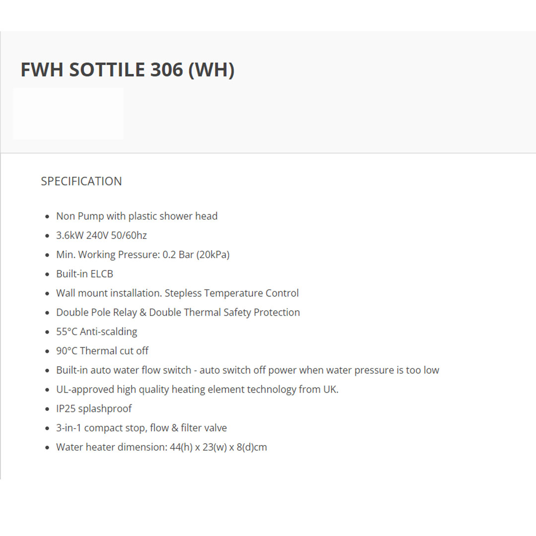 FABER 3600W Water Heater Instant Non Pump FWH SOTTILE 306 (WH) | Built-in ELCB | 90°C Thermal Cut Off | IP25 Splash Proof | 55°C Anti-Scalding | Double Thermal Safety Protection | Water Heater with 1 Year General & 7 Year Heating Element