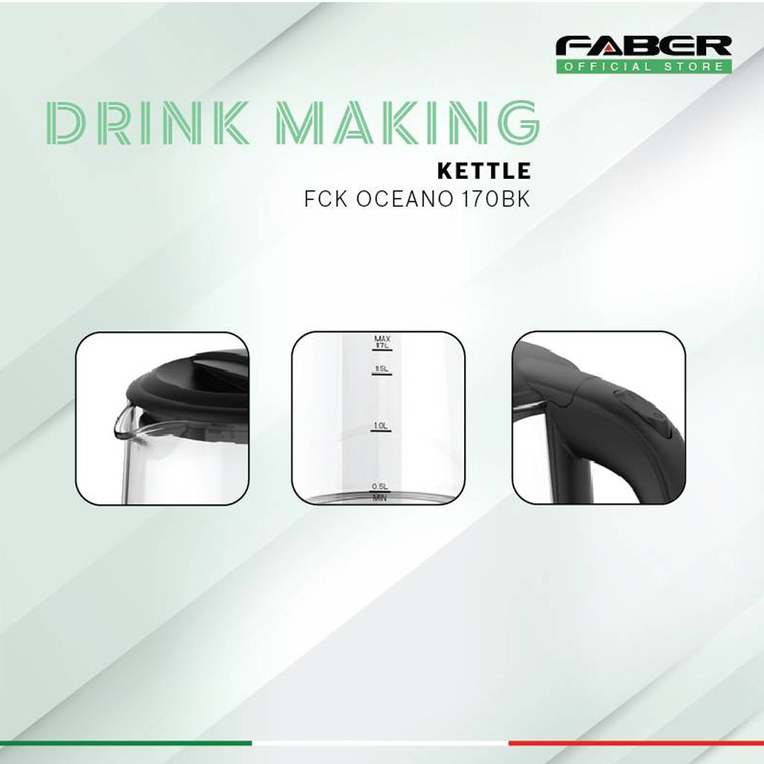 FABER 1.7L Kettle FCK OCEANO 170BK | Capacity : 1.7L | Glass Body | Heating Element with Light Indicator | Automatically Turn Off When Water Boils | Kettle with 1 Year Warranty