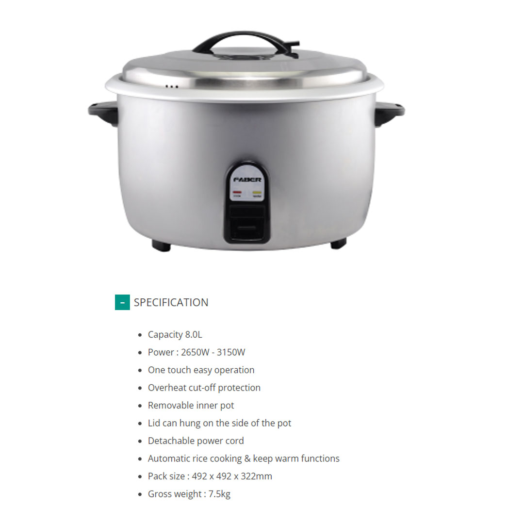 FABER 8L Rice Cooker FCR 801 | One Touch Easy Operation | Overheat cut-off Protection | Automatic Rice Cooking & Keep Warm Functions | Rice Cooker with 1 Year Warranty