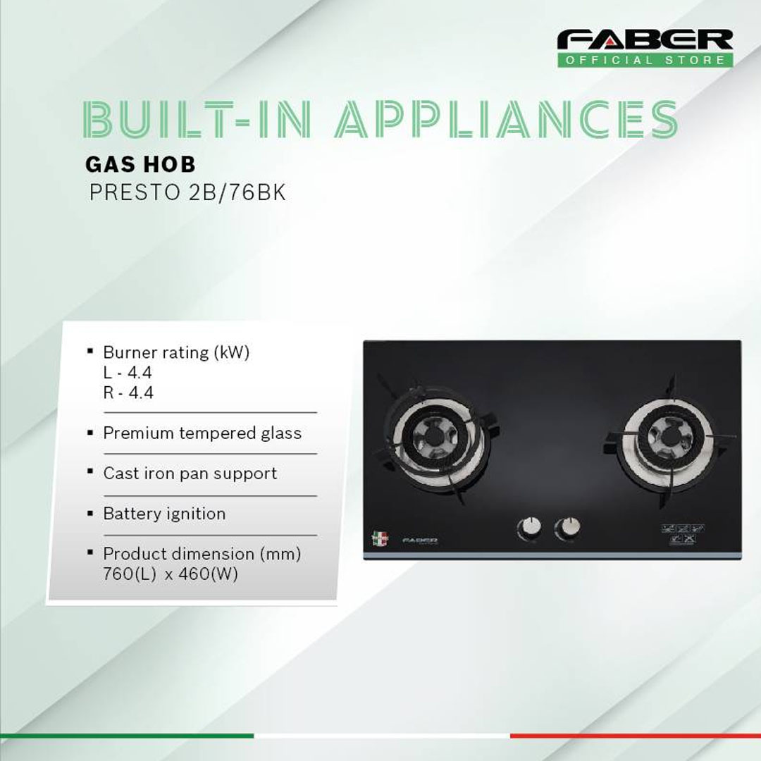 FABER 2 Burners Built-In Glass Hob FGH PRESTO 2B/76BK | Cast Iron Support | Easy Cleaning Design | Glass Hob with 1 Year Warranty