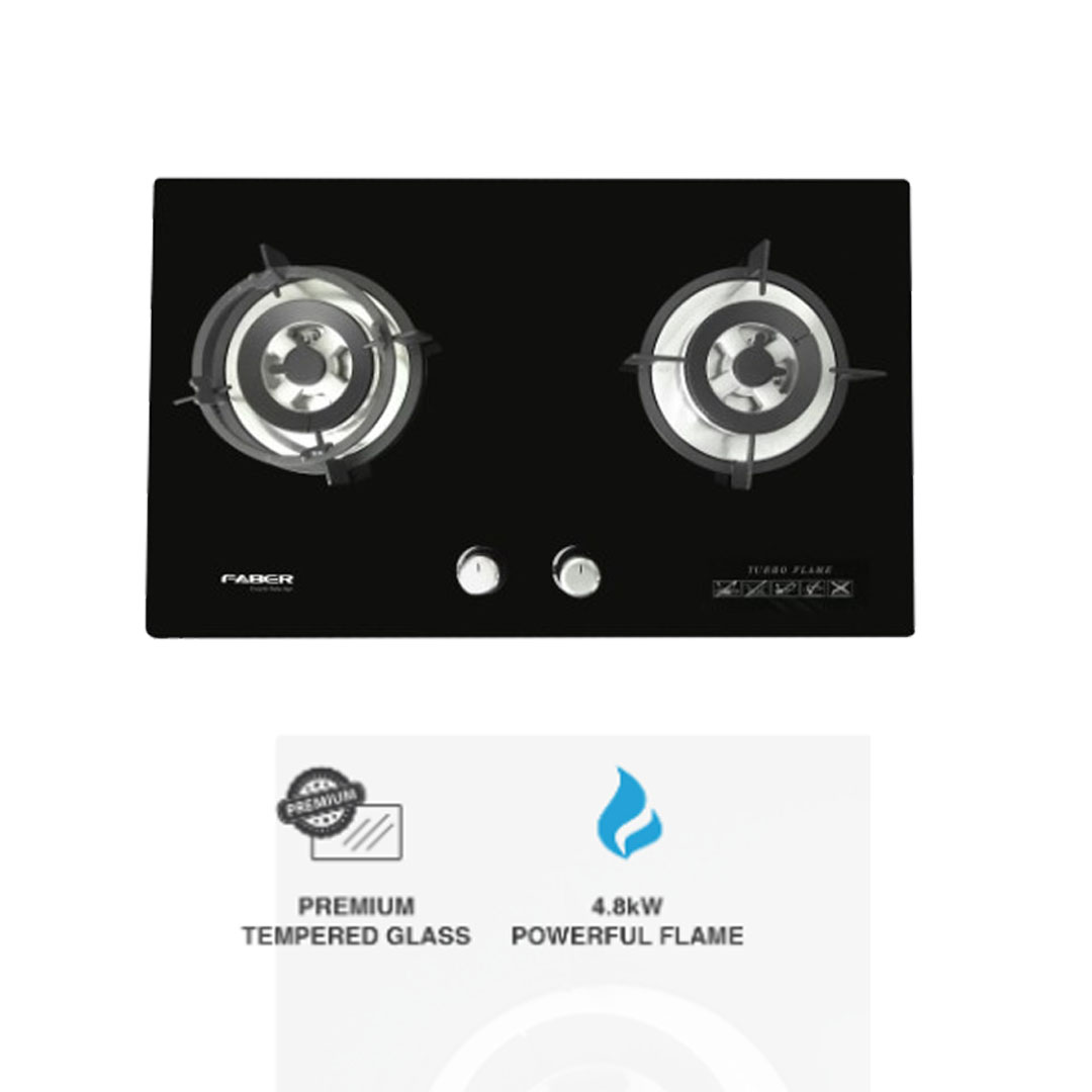 FABER 2 Burners Built-In Glass Hob FGH VITTO 2B/76BK | High Quality Tempered Glass | Battery Operated Ignition | Easy Cleaning Design | 2 Burners with 1 Year Warranty