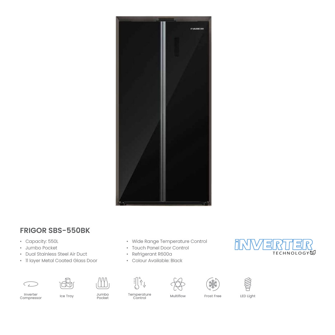 FABER 550L Side By Side Doors Inverter Refrigerator FRIGOR SBS-550BK | Climate Class : T | Inverter | Digital Panel | Recessed Handle | Refrigerator with 1 Year General & 5 Years Motor Warranty