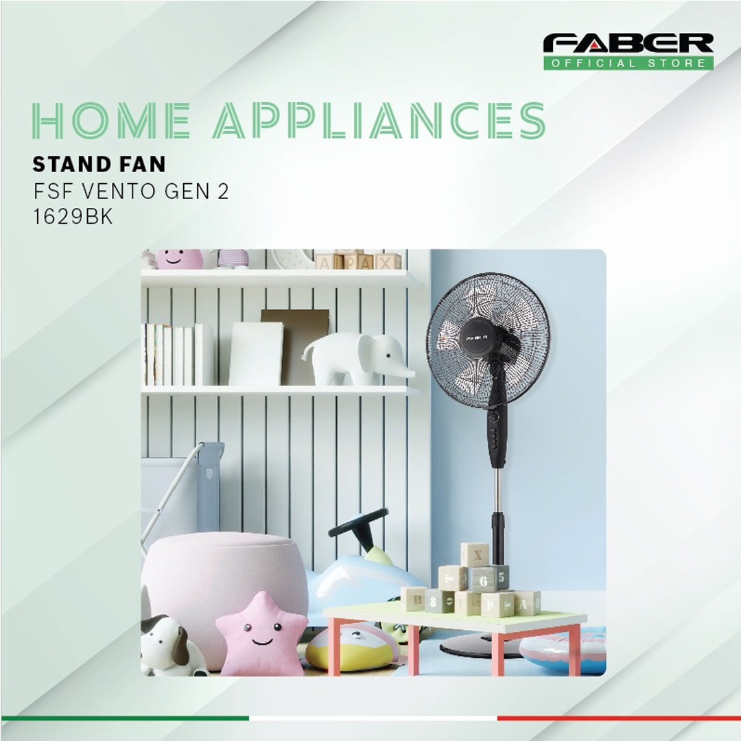 FABER 16" Stand Fan FSF VENTO GEN 2 1629BK | 3 Speed Selection | 5 Blades | 60Min Timer | 100% Copper Motor | Stand Fan with 1 Year Warranty